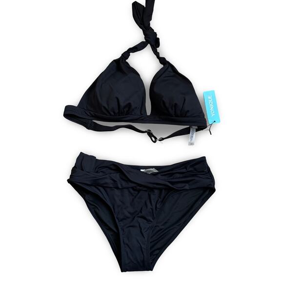 Yonique Black Bikini Swimsuit Set Halter Top & High-Waist Bottom Size S NWT - Picture 1 of 5